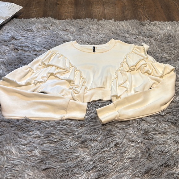 Cream Cropped Ruffled Sweatshirt - Picture 1 of 4